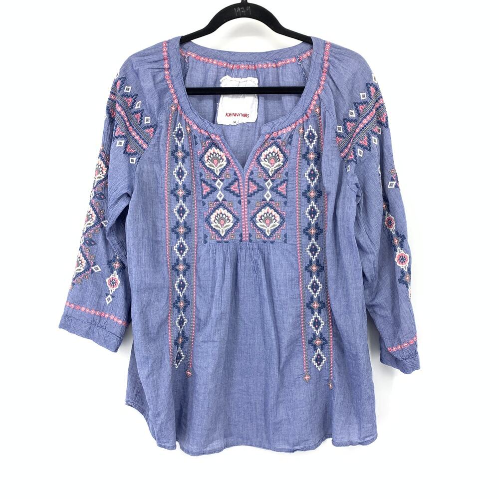 Johnny Was 3J Workshop Split Neck 3/4 Sleeve Embroidered Blouse Womens XL Blue